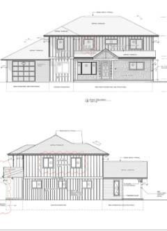 Architectural front and side elevation drawings of a two-story residential house with garage